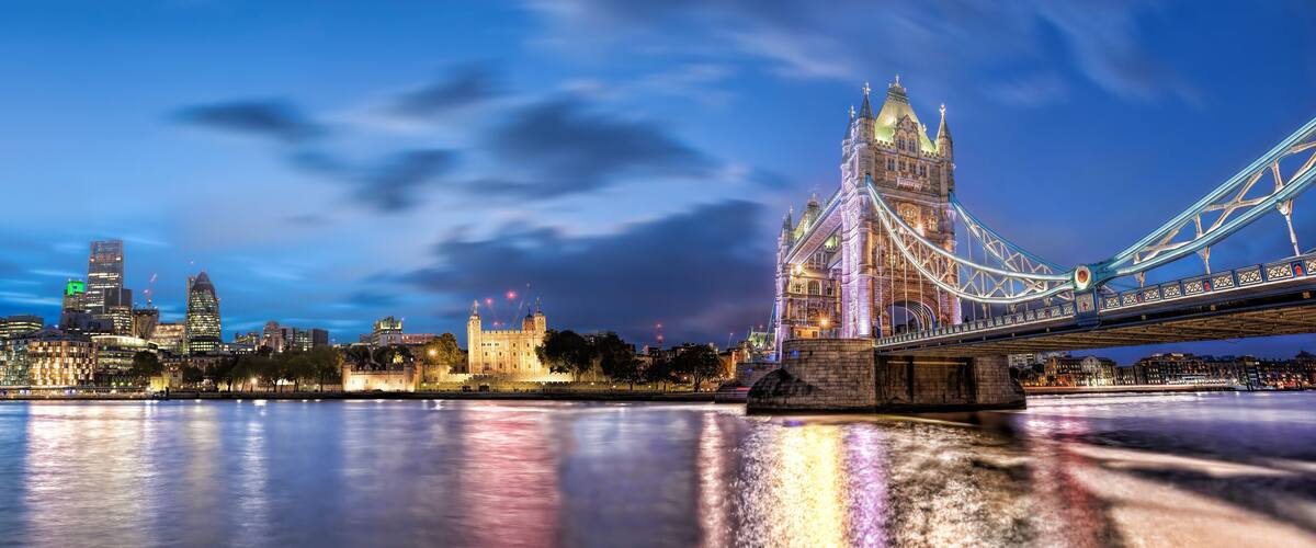 Panorama of London with Tower Bridge, Tower Hill and modern downtown in England, UK