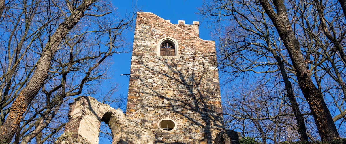 Romantic Cibulka lookout tower, Prague, Czech Republic, sunny day, clear blue sky