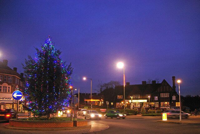 Christmas tree at Hampden Square Looking across Hampden Square towards the Osidge Arms public house.