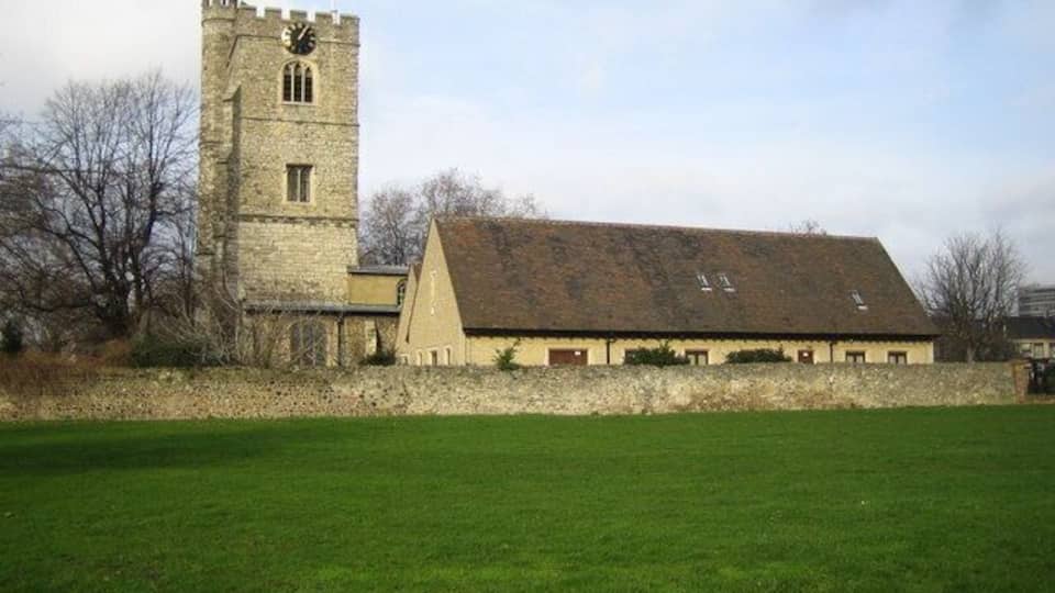 Part of the site of Barking Abbey, London (formerly Essex), with the west tower of St Margaret's parish church