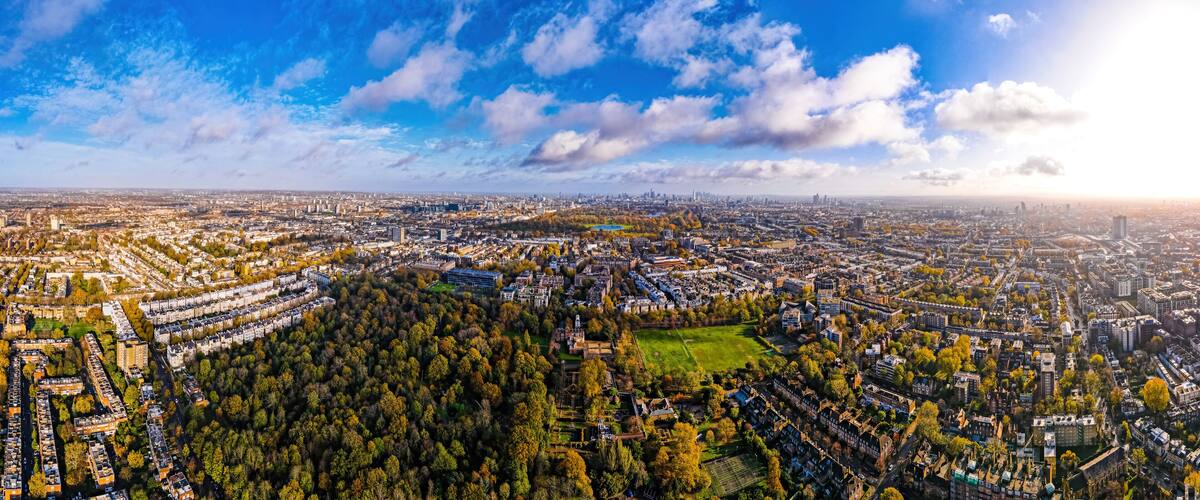 Aerial view of West Kensigton and Hyde park in London in autumn, England