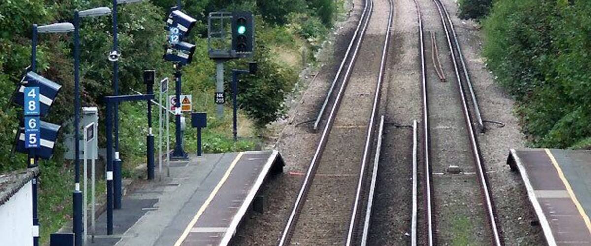 The Bexleyheath line at Falconwood Taken from the footbridge and looking towards Dartford. The next station is Welling. Falconwood Station opened after the rest of the Bexleyheath line on January 1, 1936. It is noticeable that electrical power is still picked up from power lines on the ground (the centre two in the image, transferring to the outside of the rails beyond the station) in this quarter of the London commuter belt, rather than from wires above.