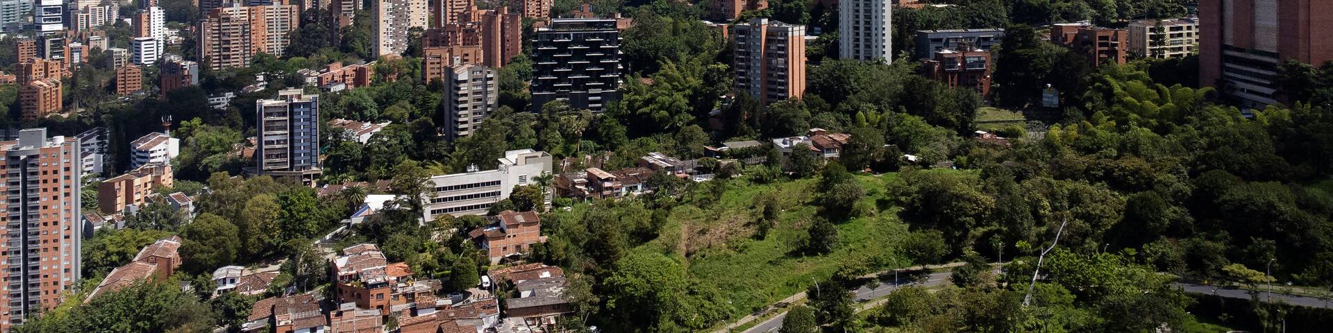 Medellin, Antioquia - Colombia. November 13, 2023. Aerial view of the El Poblado neighborhood of the city