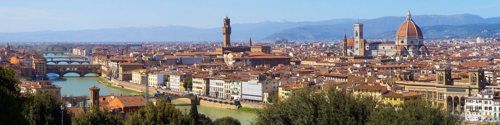 A panoramic view of a historic city with a river, bridges, and prominent towers.
