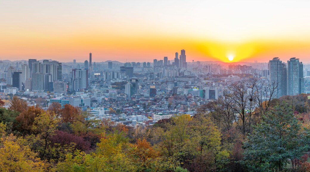 View of Seoul skyline from N Seoul Tower at sunset in autumn, Yongsan District, South Korea