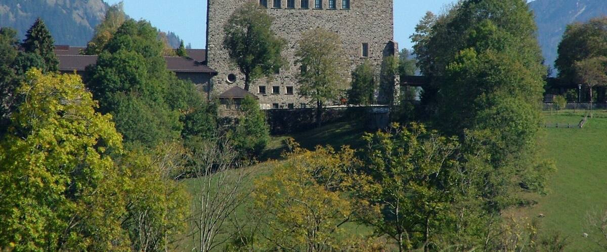 A stone tower with a green roof, surrounded by trees and mountains.