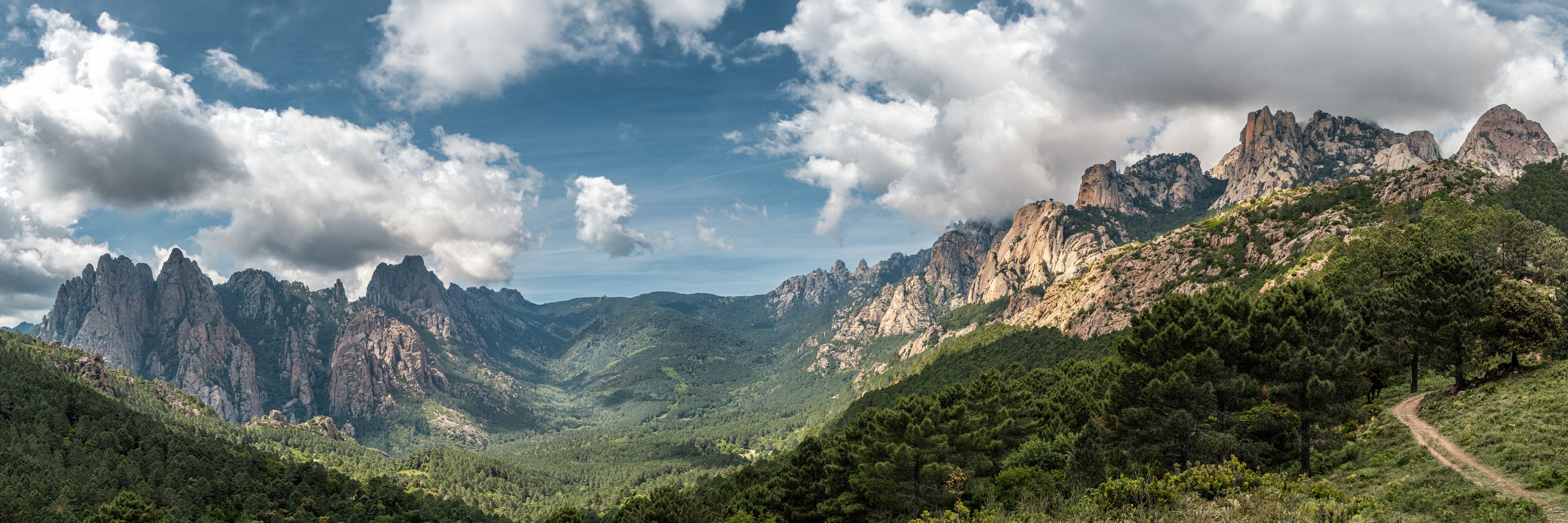 A mountainous landscape with rugged peaks and dense forest.
