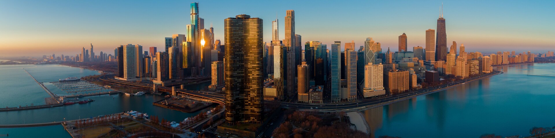 Chicago Skyline Lake Shore Panorama Sunrise Aerial 9
