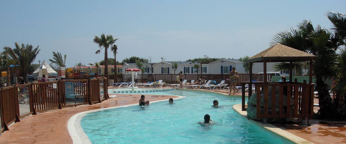 A swimming pool with clear blue water, surrounded by palm trees and lounge chairs.