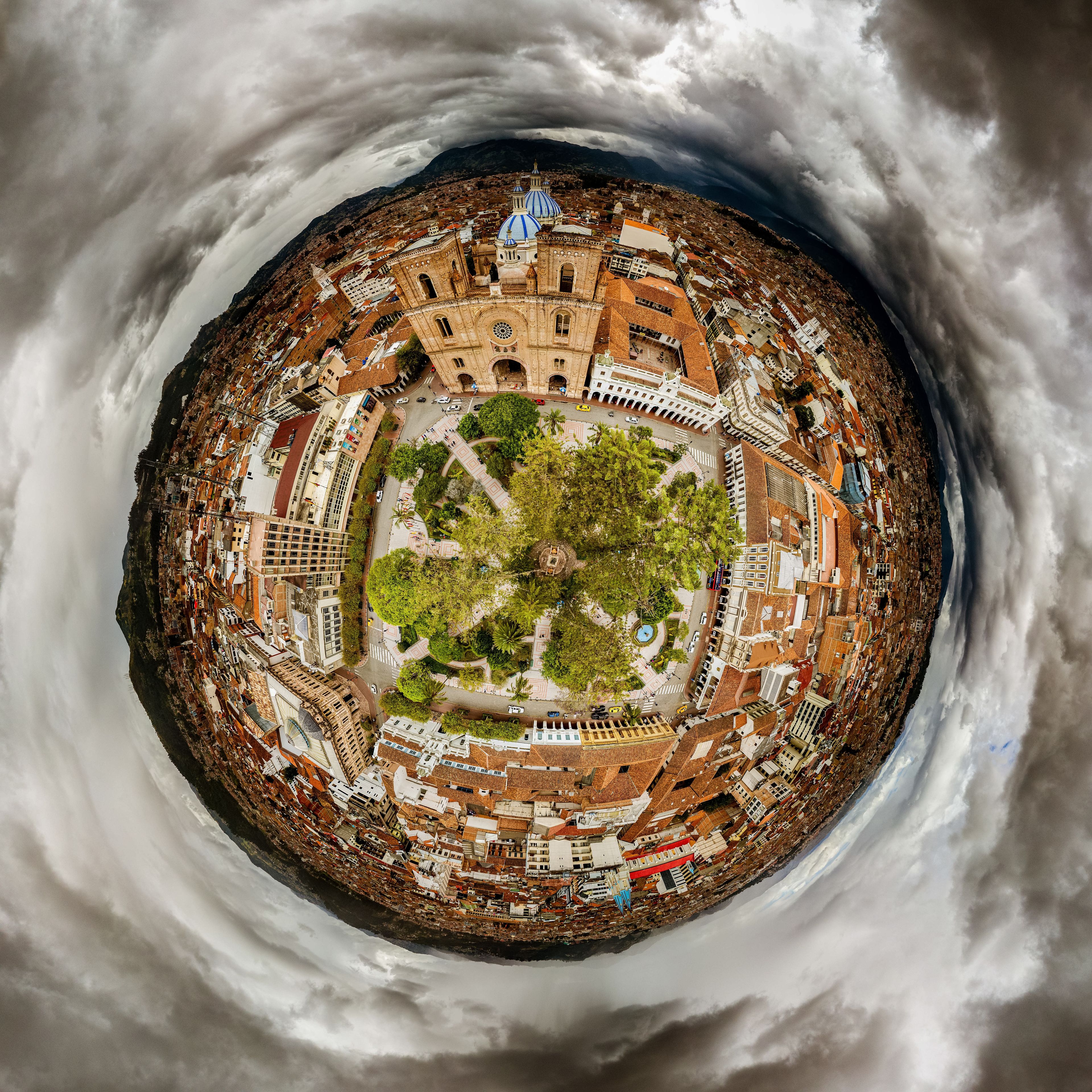 Tiny Planet of Parque Calderon on a stormy day