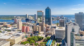 A cityscape with prominent buildings like Wells Fargo and BB&T, a waterfront, and a clear blue sky.
