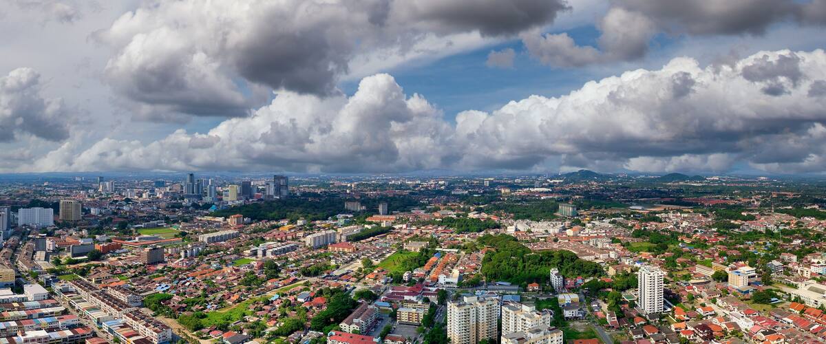 Malacca, Malaysia. Aerial sunset panoramic view of the city