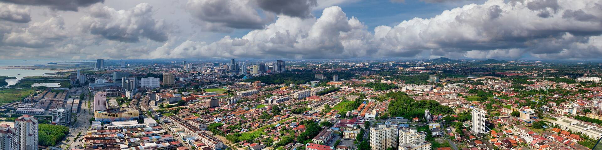 Malacca, Malaysia. Aerial sunset panoramic view of the city
