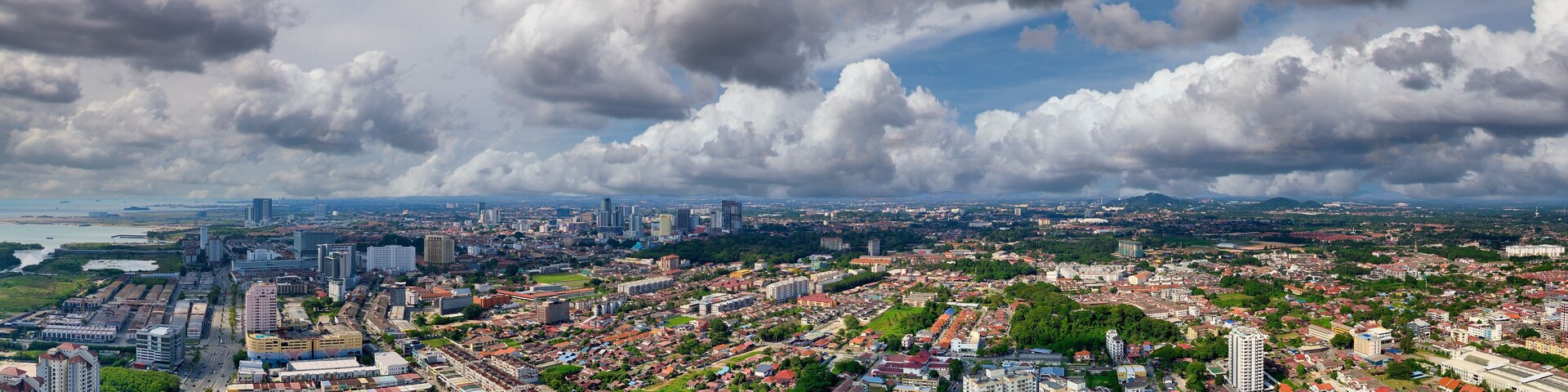 Malacca, Malaysia. Aerial sunset panoramic view of the city