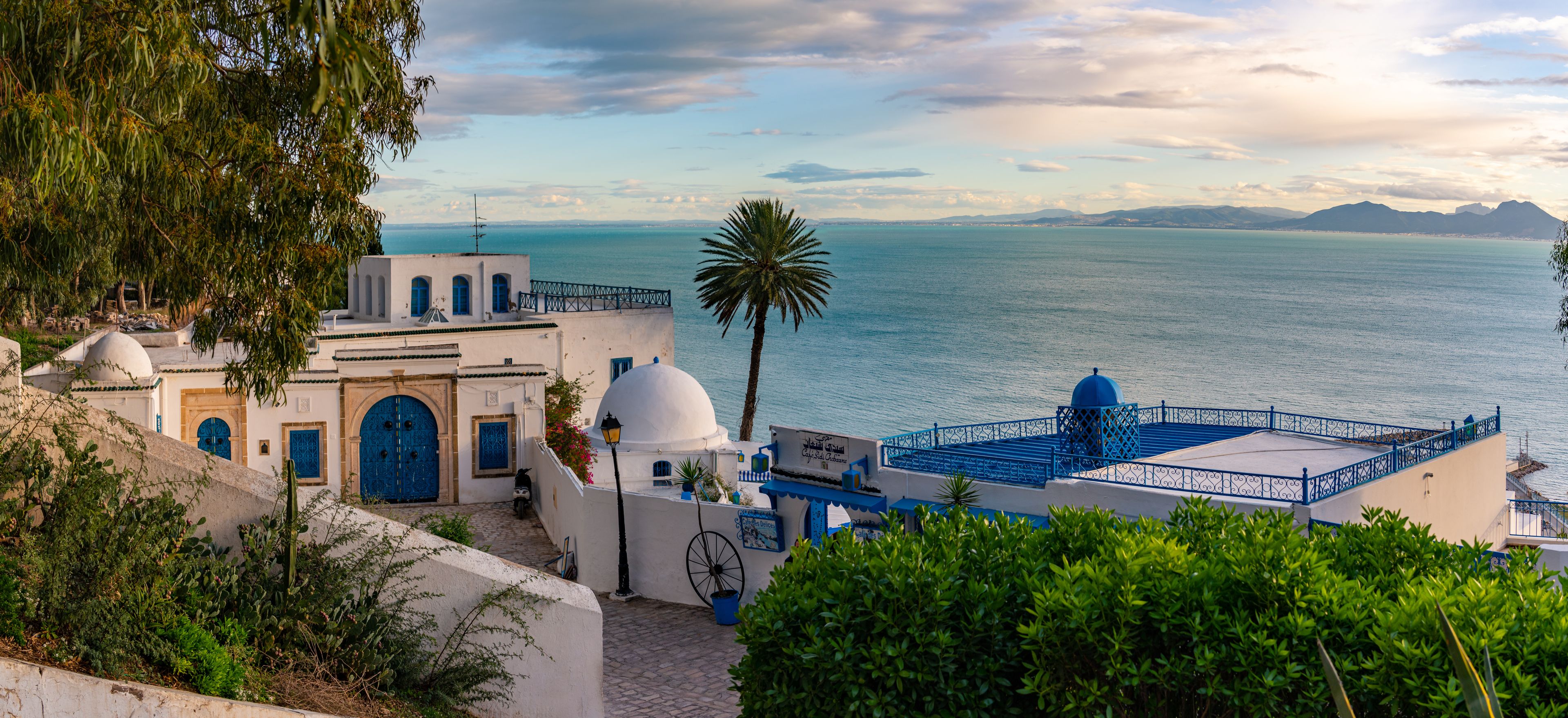 A coastal town with white buildings, blue doors, and a view of the sea.
