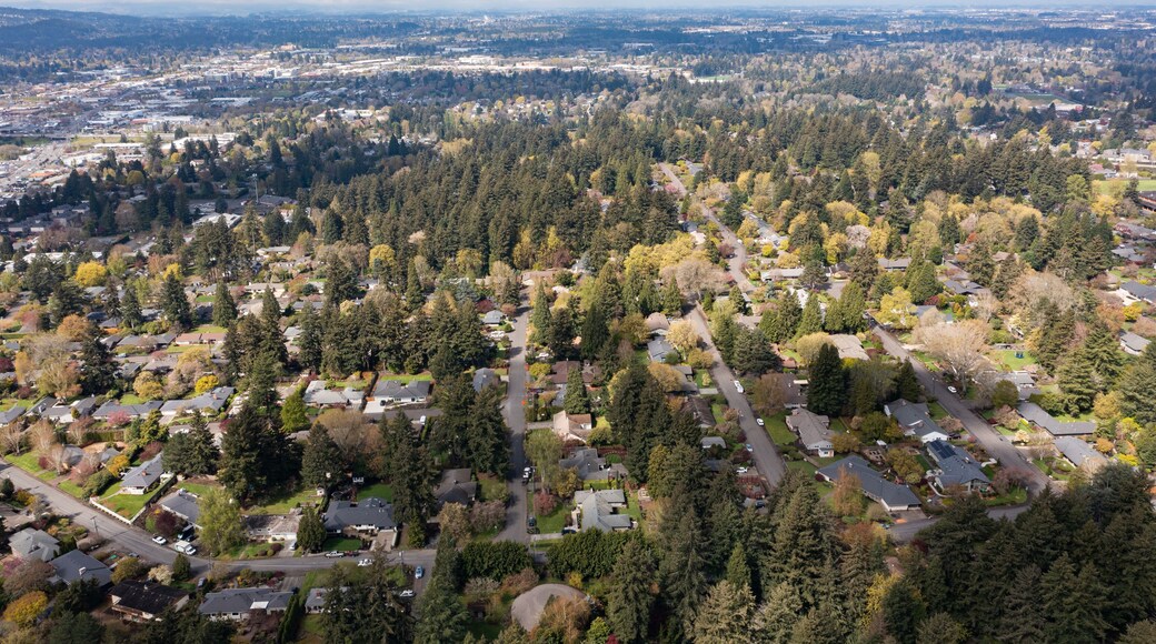 Aerial drone view of Southwest Portland, Oregon, featuring residential neighborhoods, tree-lined streets, rolling hills, and urban landscape with the downtown skyline visible in the distance