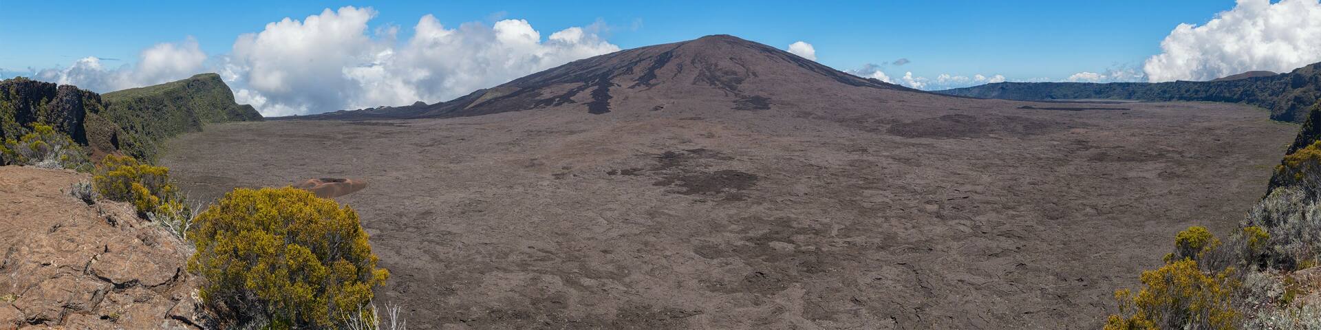 le piton de la fournaise, réunion island : inside the enclosire of the volcano, panoramic view.