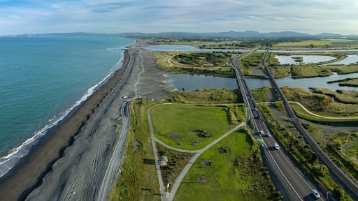 Coastal landscape with a road, bridge, and estuary. Cars travel on the road, while the beach and surrounding wetlands are visible. Waitangi Regional Park, Napier, Hawke's Bay, New Zealand