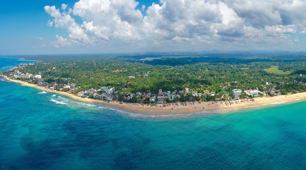 Aerial view of the popular beaches of Hikkaduwa and Thiranagama, the best places for surfing and swimming. Island Sri Lanka