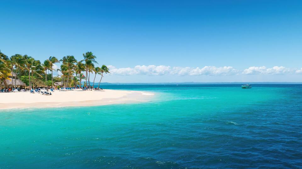 Aerial view over Caribbean Sea and Exotic Palm trees on Bacardi Island Cayo Levantado Samana Bay Dominican Republic