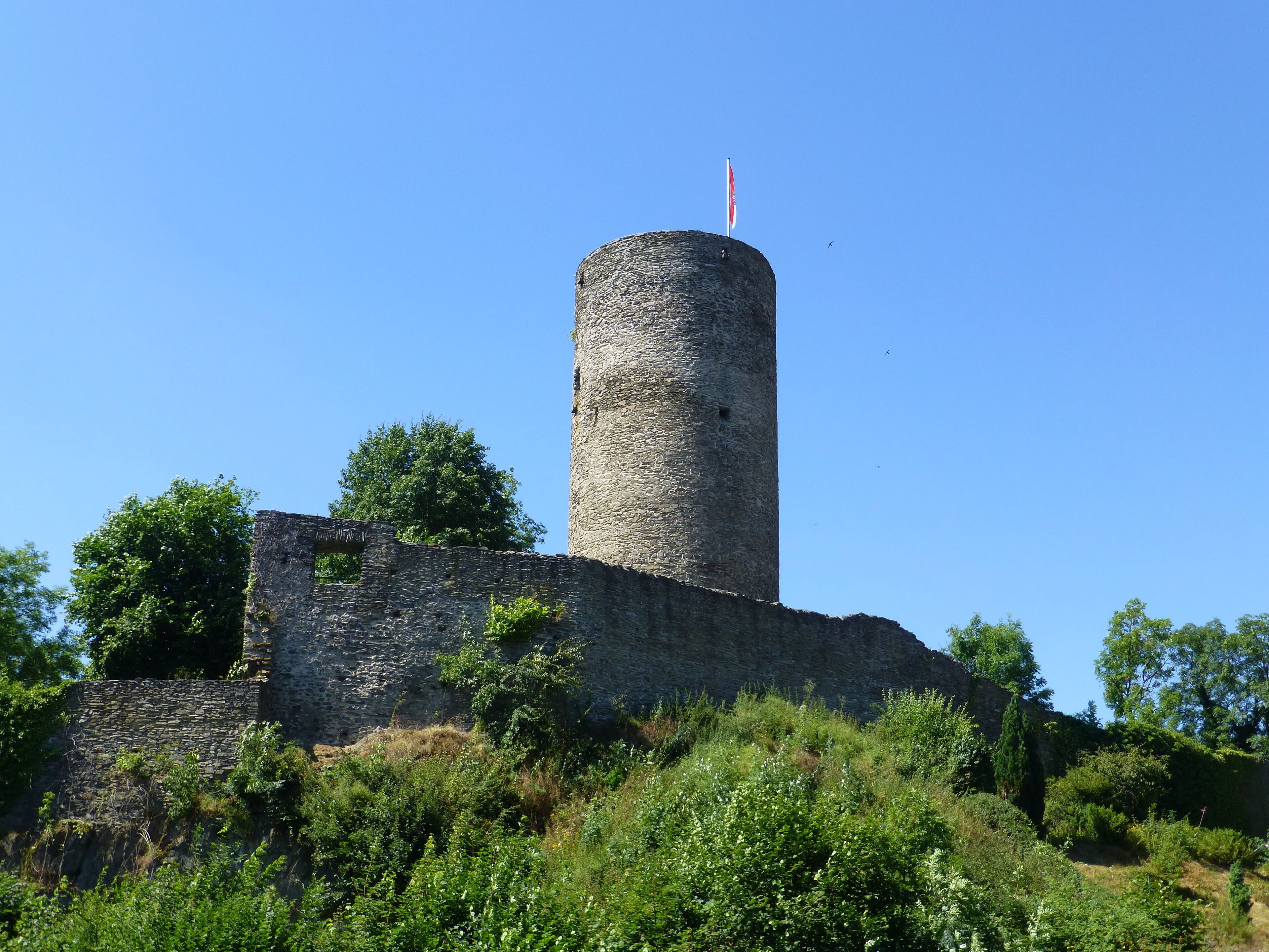 A stone tower with a flag on top, surrounded by greenery and trees.