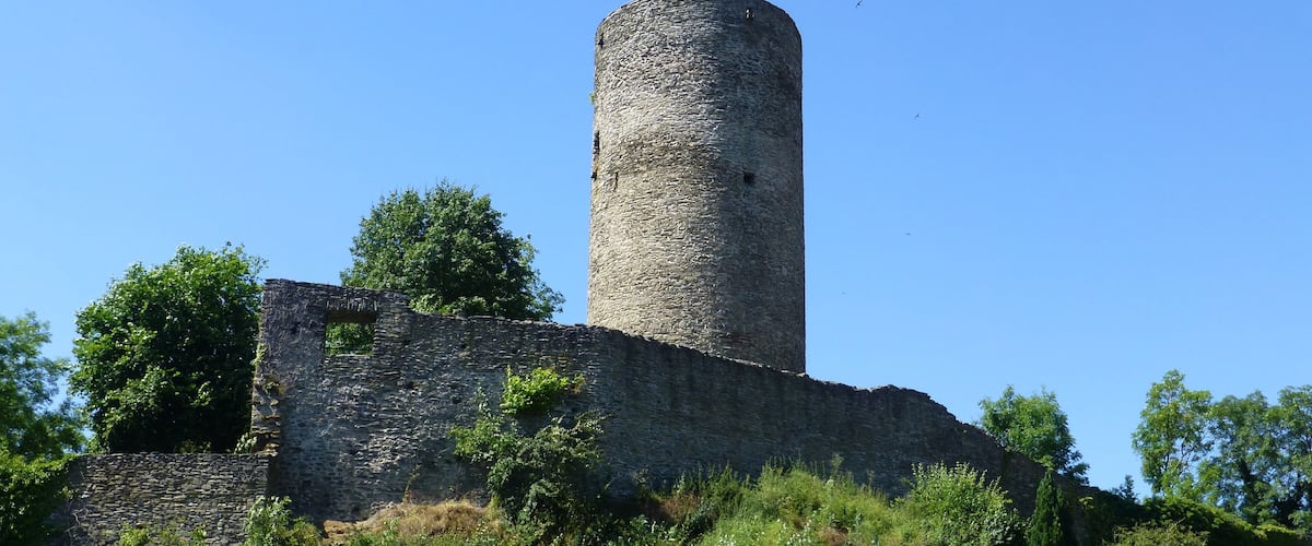 A stone tower with a flag on top, surrounded by greenery and trees.