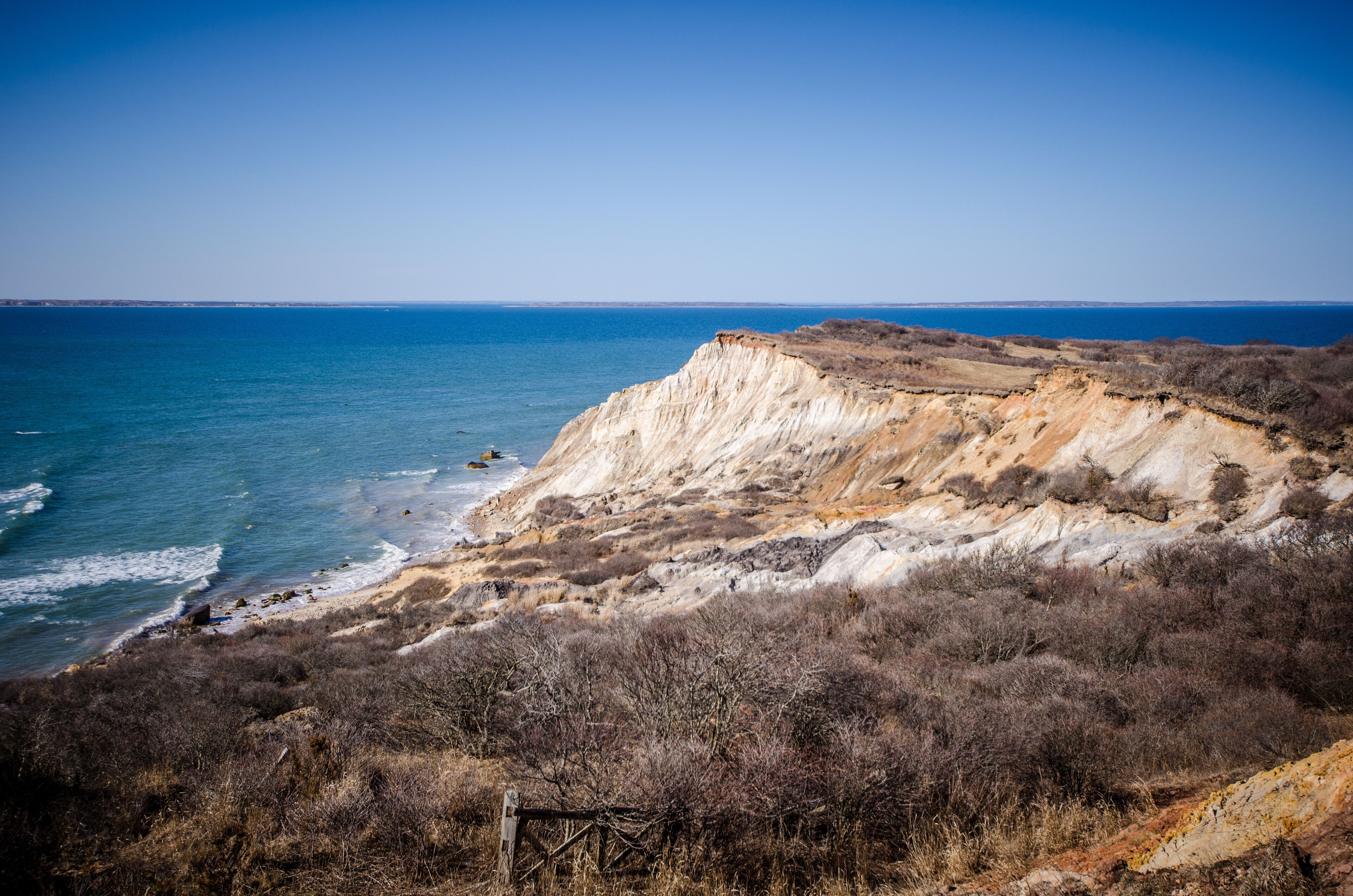 Aquinnah Head view of ocean bluffs on Cape Cod on a sunny day