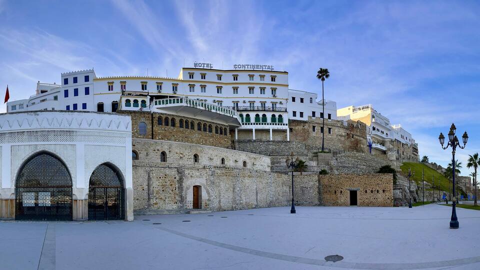 Morocco: ancient walls and skyline of Tangier old town, the door of Africa, city on the Maghreb coast in front of Strait of Gibraltar, mix of Arab, Portuguese, Spanish and British culture
