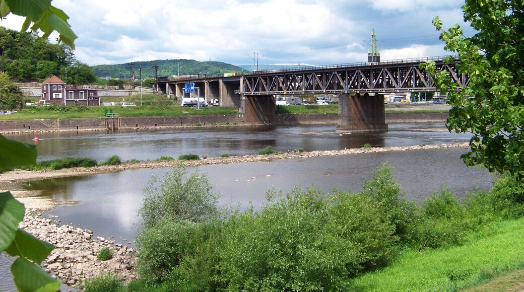 Ústí nad Labem-Střekov and center, Ústí nad Labem District, Ústí nad Labem Region, Czech Republic. Railway bridge over the Elbe.