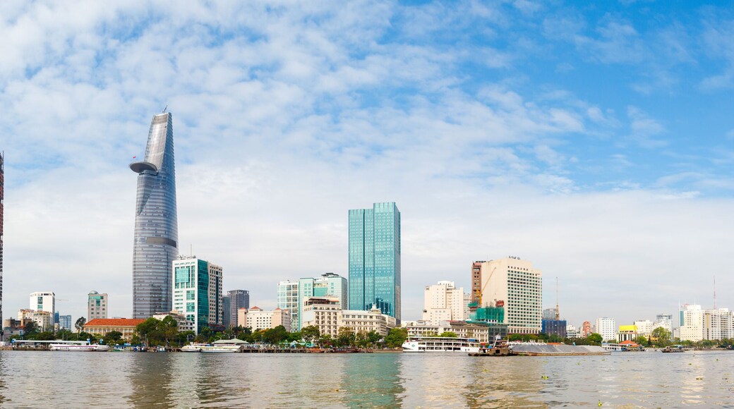 skyscrapers business center in Ho Chi Minh City on Vietnam Saigon on background blue sky. view of the business center from the river