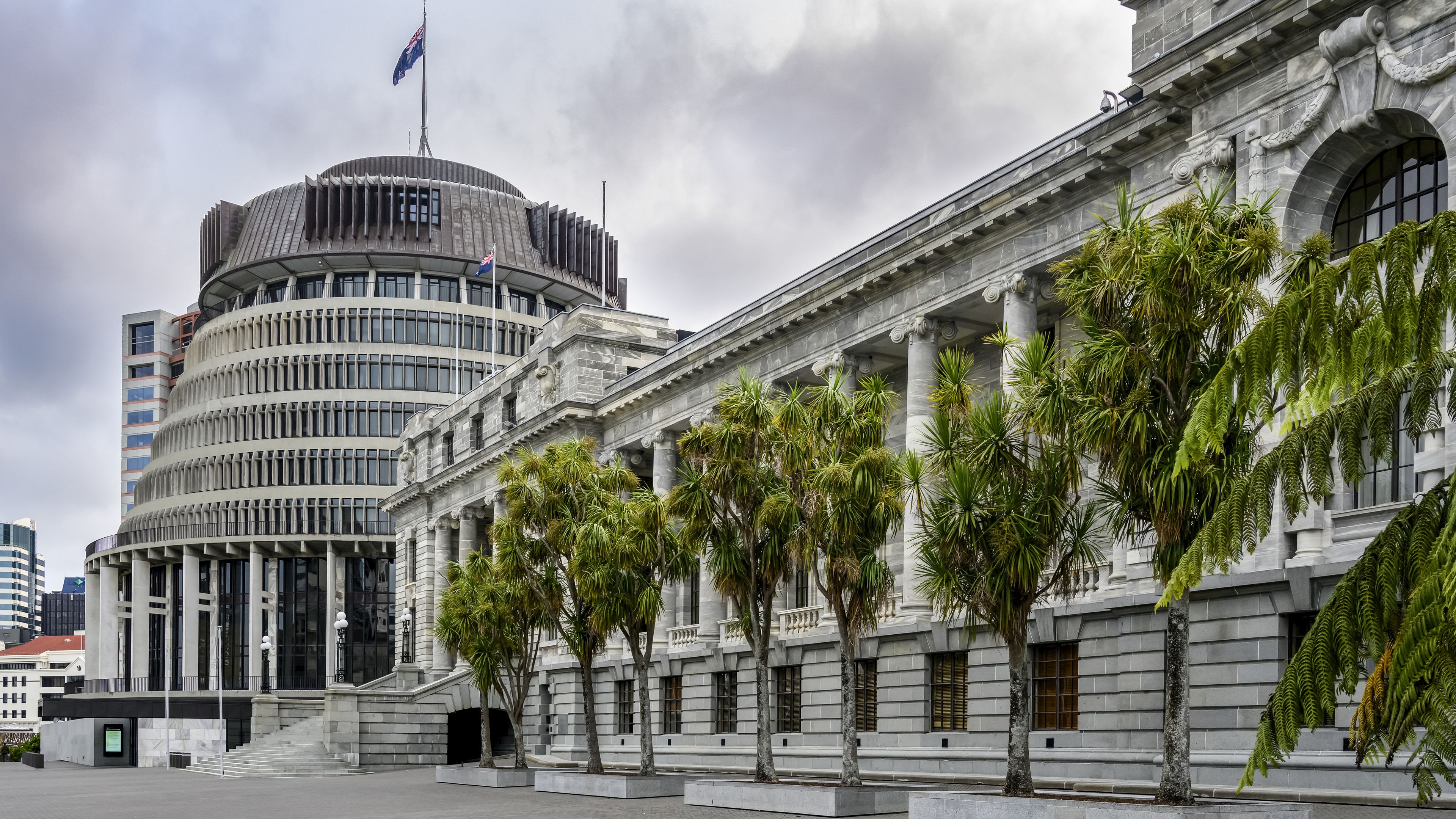 New Zealand Parliament Buildings with the Beehive, Executive Wing; Wellington, Wellington Region, North Island, New Zealand