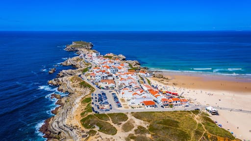 Un pueblo costero con playa, costa rocosa y edificios de tejados rojos.