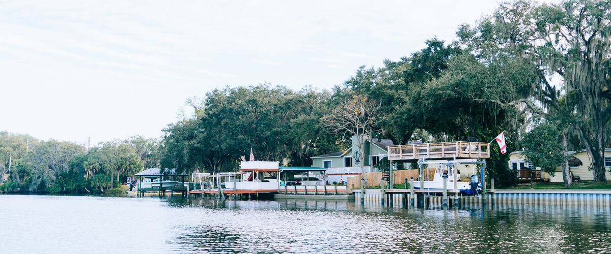 Riverview, Florida, USA - 02 10 2022: River view house and dock along Little Manatee River