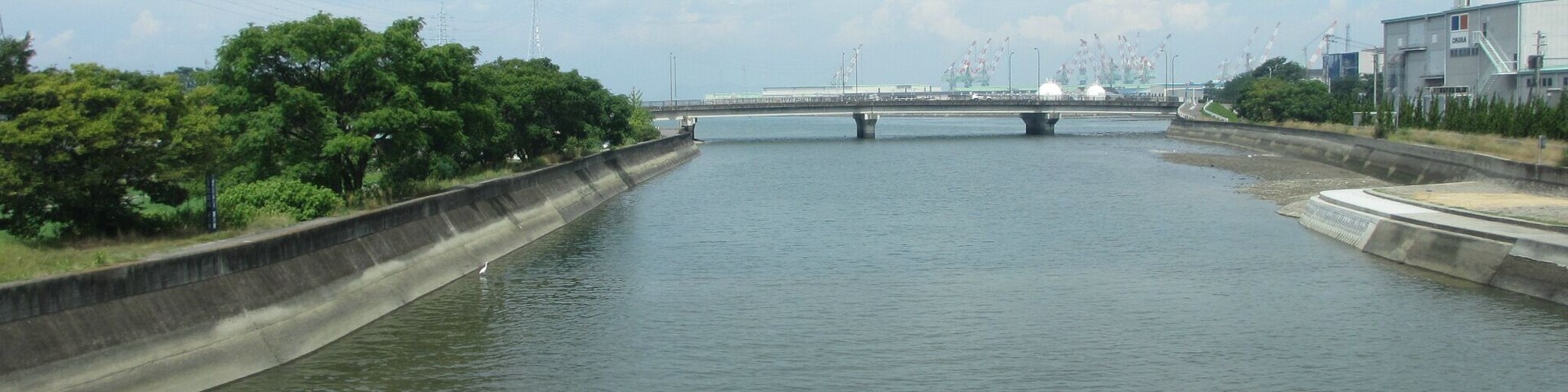 Un río con un puente a lo lejos, rodeado de vegetación y edificios industriales.