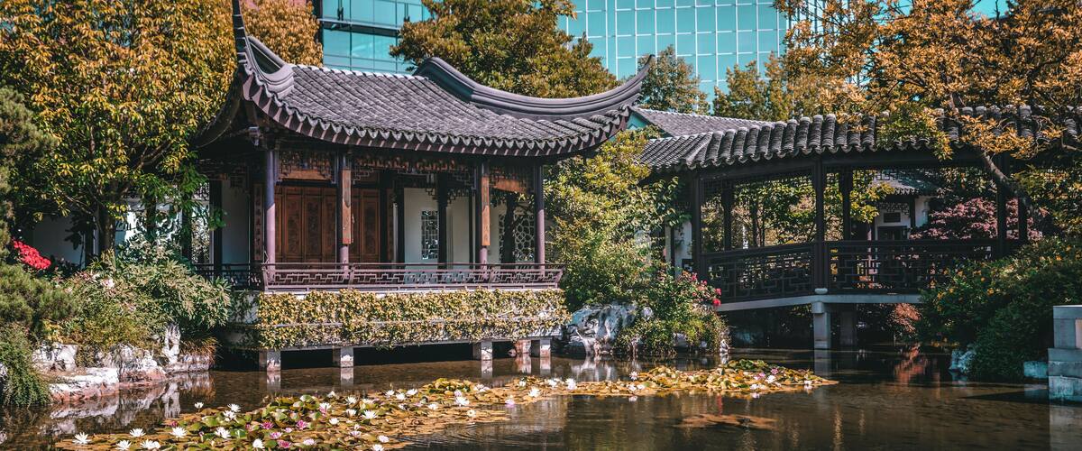 Pagoda and pond at the Lan Su Chinese Garden, in Portland, Oregon