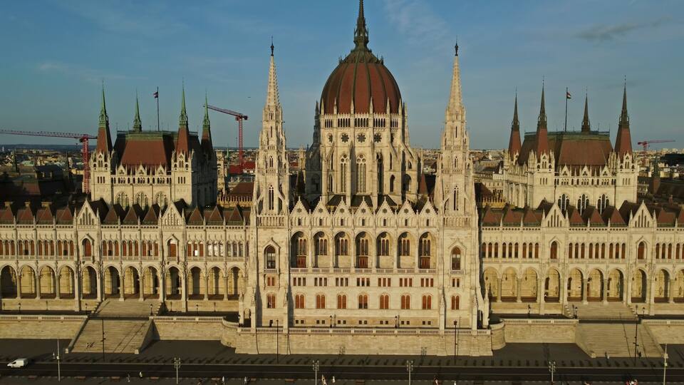 The Hungarian Parliament Building with its distinctive Gothic Revival architecture and large central dome.