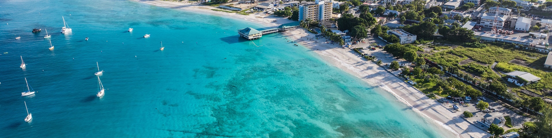 Aerial landscape view of Bay Area of Carlisle Bay at Bridgetown, Capital of Barbados around "Brownes Beach" with white sand beach and amazing turquoise water