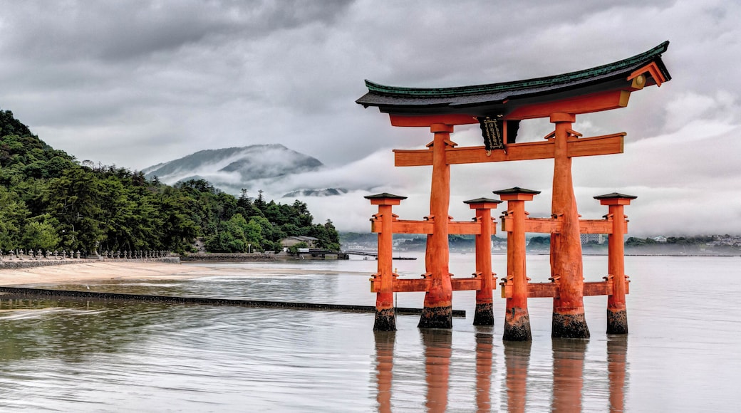 Itsukushima Shrine torii gate is the famous torii gate of the Itsukushima Shrine on Miyajima island, just offshore from Hiroshima.