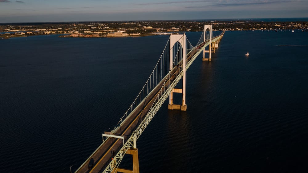 Late Evening Aerial Views of Historic Newport Suspension Bridge - East Passage Narragansett Bay - Rhode Island