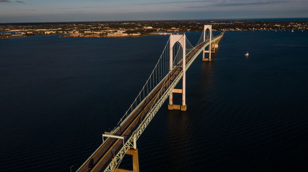 Late Evening Aerial Views of Historic Newport Suspension Bridge - East Passage Narragansett Bay - Rhode Island