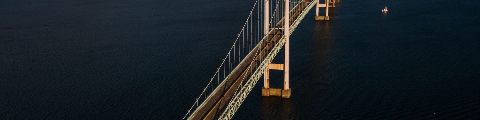 Late Evening Aerial Views of Historic Newport Suspension Bridge - East Passage Narragansett Bay - Rhode Island