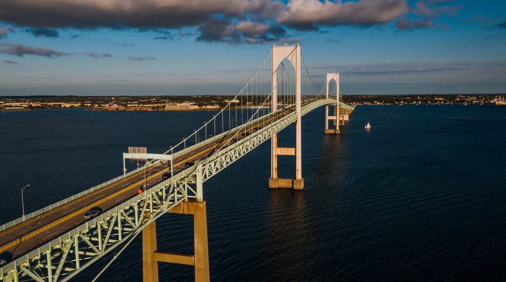 Late Evening Aerial Views of Historic Newport Suspension Bridge - East Passage Narragansett Bay - Rhode Island