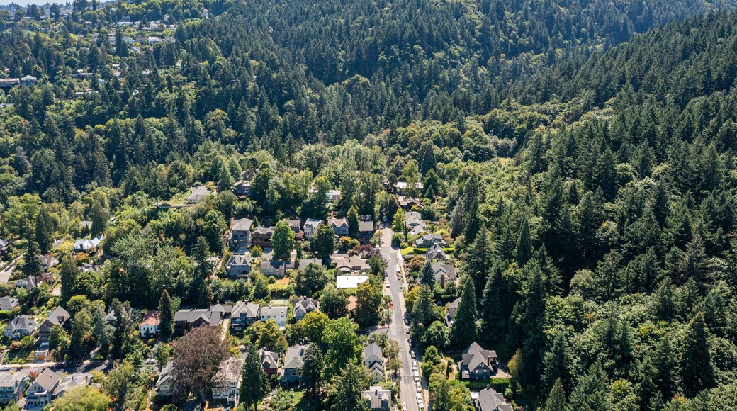 Aerial drone view of Northwest Portland, Oregon, showing Forest Park, Nob Hill, and Willamette Heights with greenery, homes, and industrial areas along the Willamette River