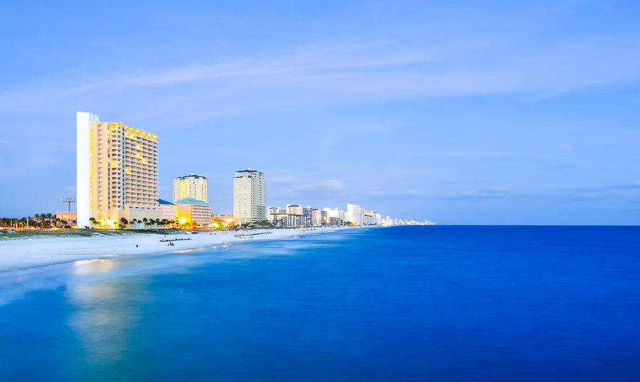 coastal skyline of panama city, florida at dusk