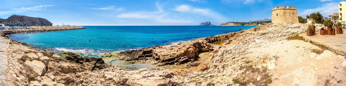 Moraira (Teulada-Moraira), Costa Blanca, Spain, Old town and promenade El Portet/L'Ampolla with castillo