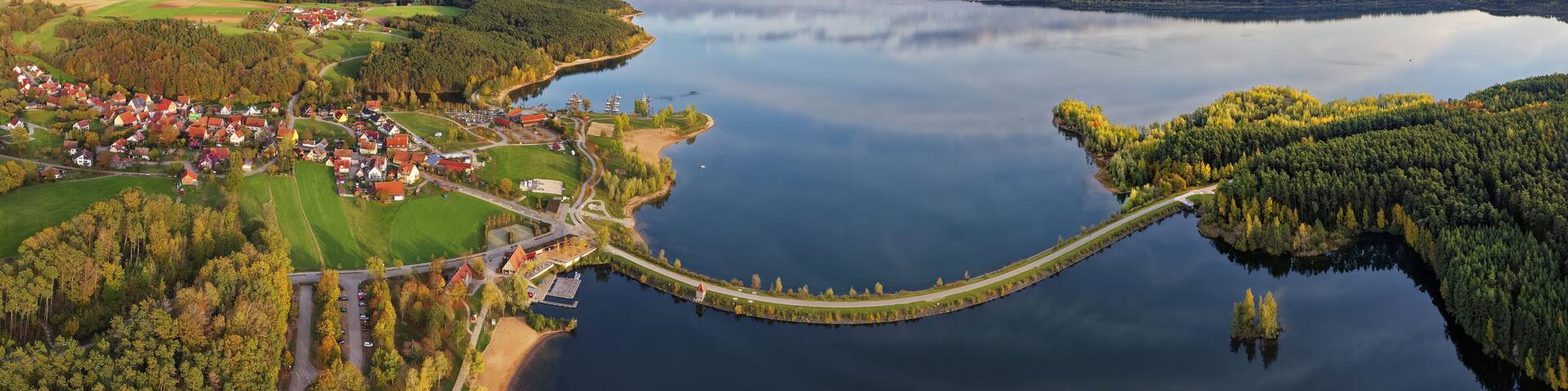 Reservoir Großer Brombachsee, in front Igelsbachsee, in the back small Brombachsee, on the left Enderndorf, Franconian Lake District, Middle Franconia, Franconia, Bavaria, Germany, Europe