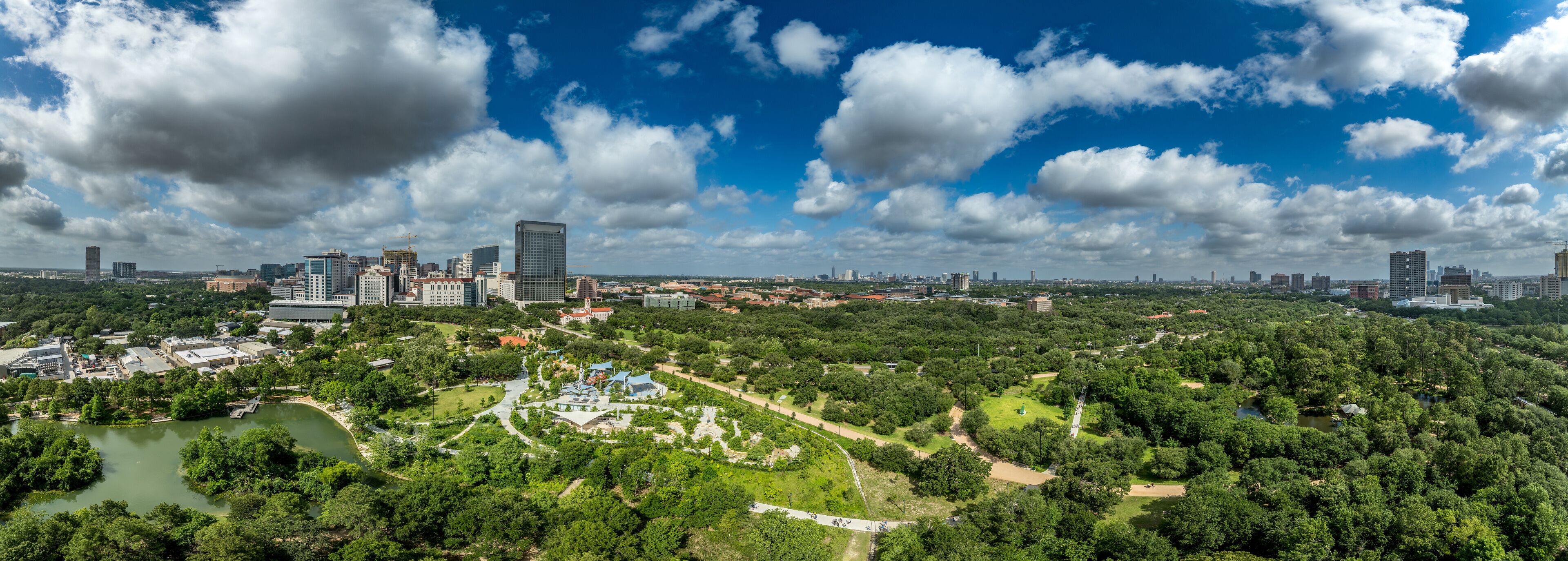 Aerial view of Hermann park in Houston with Japanese Garden, zoo, Space Adventure playground