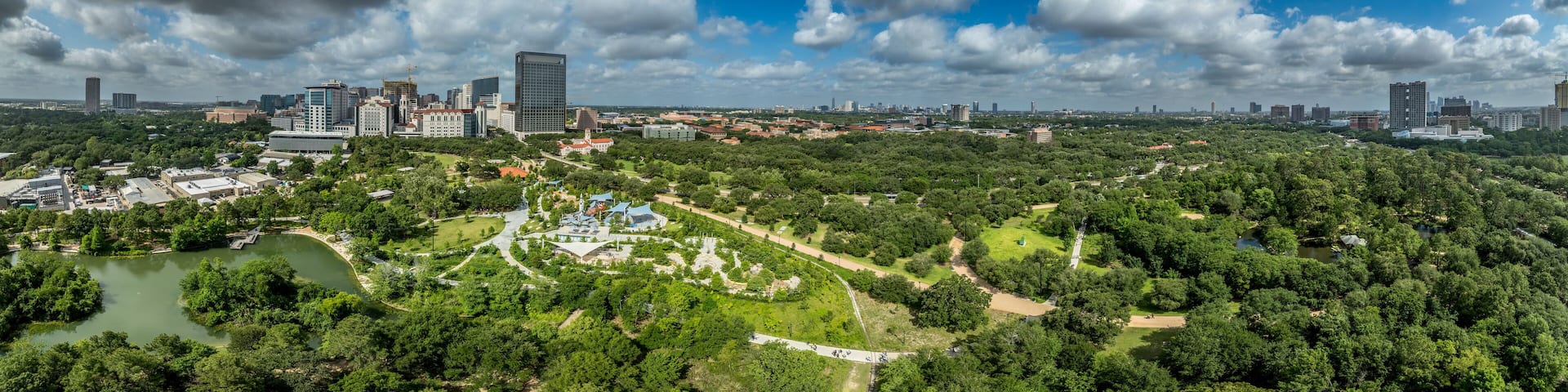 Aerial view of Hermann park in Houston with Japanese Garden, zoo, Space Adventure playground