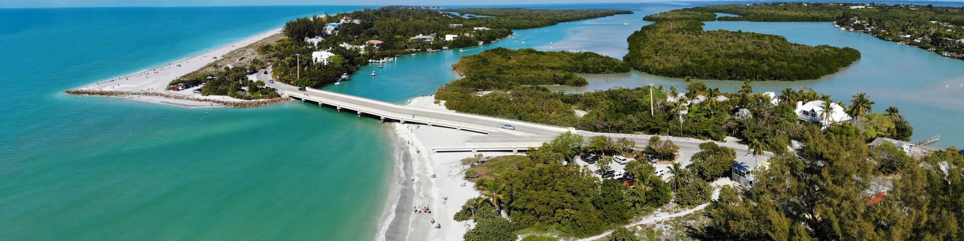 Aerial view of the road bridge between Captiva Island and Sanibel Island in Lee County, Florida, United States