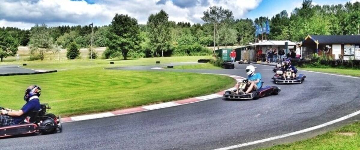 Go-karts racing on a track surrounded by grass and trees.